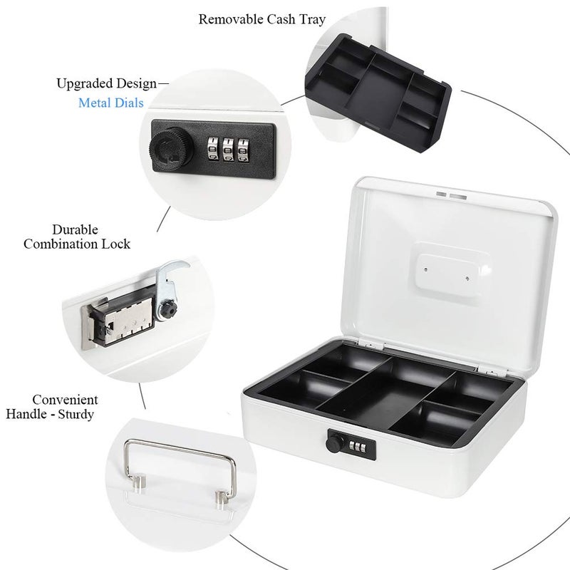 Jssmst X-Large Cash Box with Combination Lock - Durable Metal Cash Box with Money Tray, White, 11.81 x 9.84 x 3.46 inches, CB0704XLN - Image 3